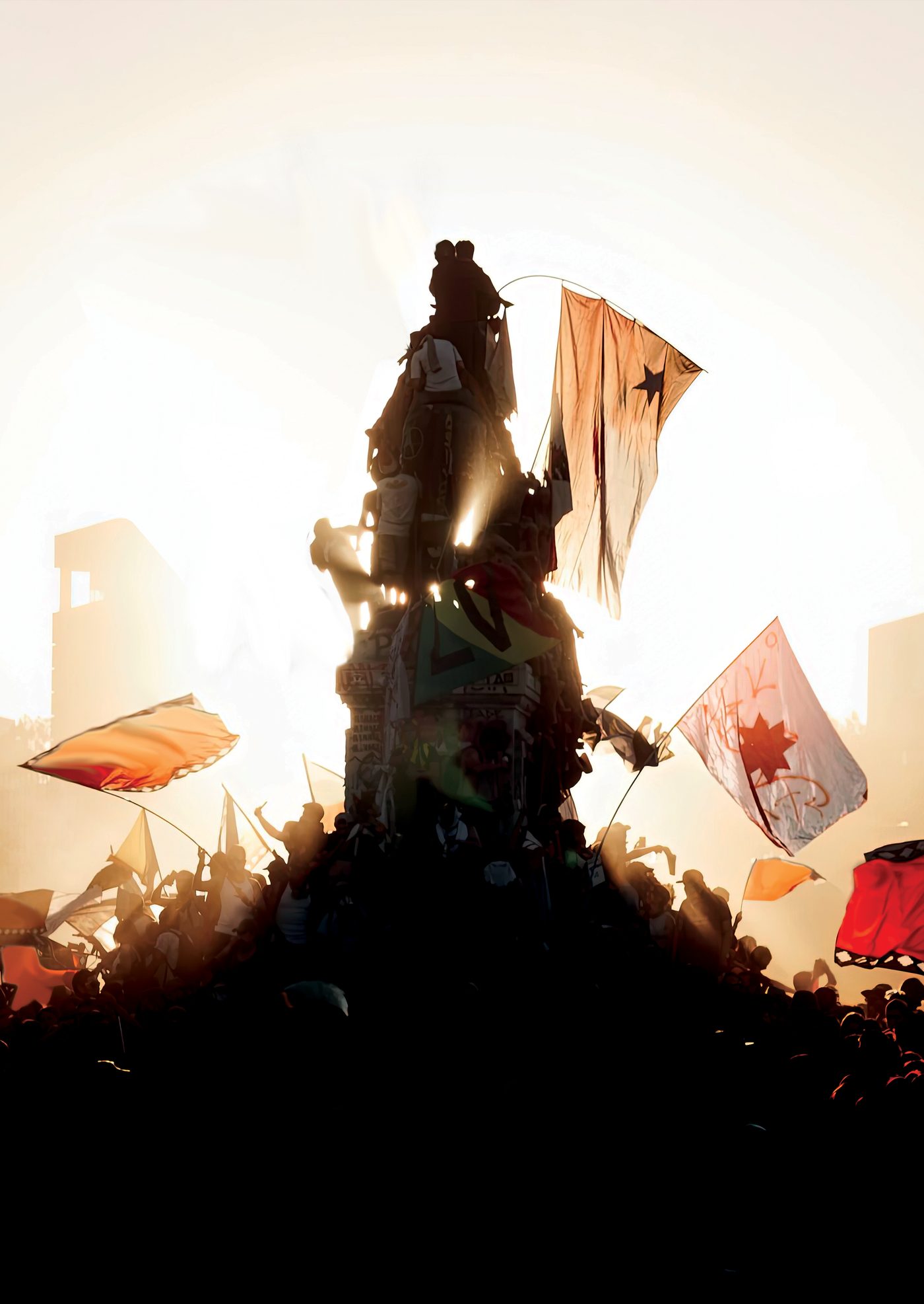 Plakatmotiv RISE UP: Silhouette einer Person mit Fahnen auf einem Denkmal